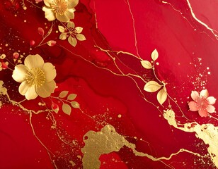 Festive red background with gold flowers and abstract patterns