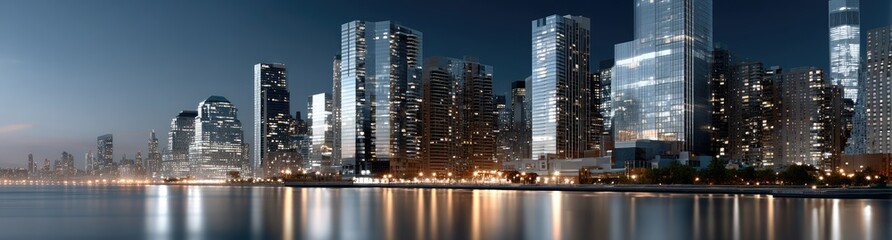 Naklejka premium Vibrant lights of Brooklyn's skyline shine brightly under a dark purple sky, showcasing the city's iconic skyscrapers at night