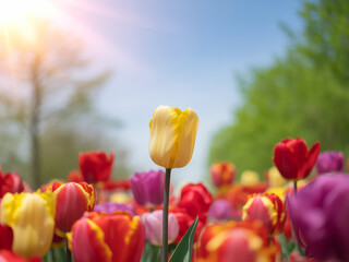 Vibrant Tulip Garden with a Single Yellow Bloom Reaching for the Sky