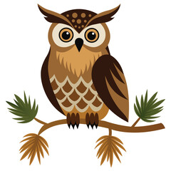 Cute Cartoon Owl Perched on a Branch with Green Leaves Illustration