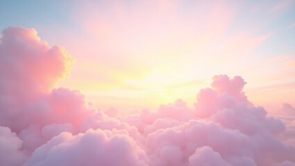 Fototapeta premium Fluffy pink clouds under a pastel sky with a glowing sun, creating a serene and dreamy atmosphere.