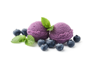 Tasty sorbet with blueberries and mint isolated on white