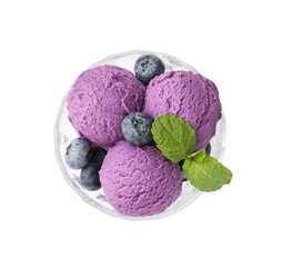 Tasty sorbet with blueberries and mint isolated on white, top view