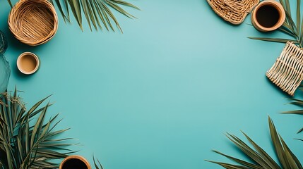 Tropical Summer Background with Palm Leaves and Wicker