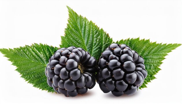 two ripe blackberries with green leaves isolated on transparent background