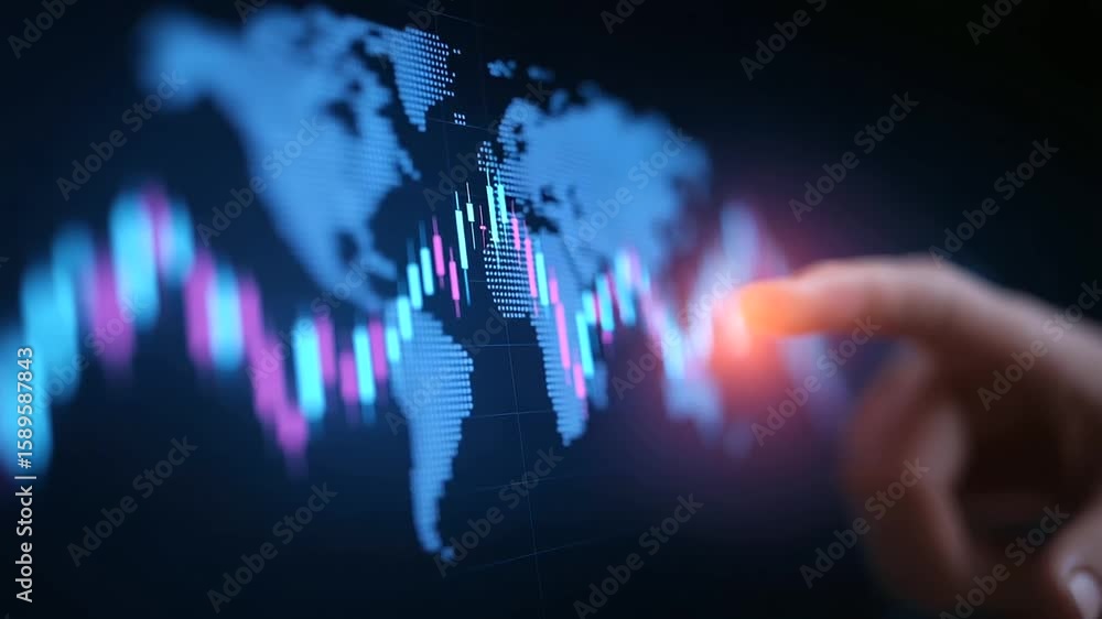 Poster dynamic holographic world map overlayed with financial charts and real-time data analysis.