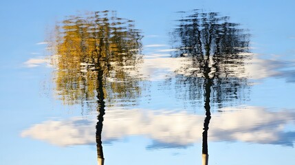 Fototapeta premium Distorted Reflections of Trees in Water, Autumn Colors, Abstract Nature Photography