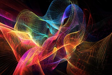 Fototapeta premium Abstract multicolored light painting with dynamic mesh and glowing threads on dark background