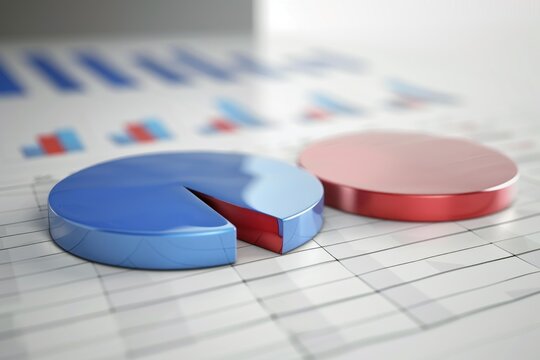 Glossy blue and red pie charts illustrate market share, data analysis, and statistics on a spreadsheet - Powered by Adobe