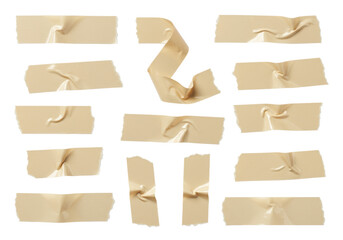 Fototapeta premium Twelve beige masking tape pieces, with torn, jagged, wrinkled, and crumpled textures, some curled, presented on a transparent background with copy space, in a shadowless, high-contrast studio