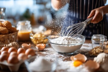 Fototapeta premium mixing bowl with whisk, eggs cracked, sugar and flour around