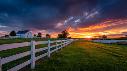 Vibrant sunset over a picturesque countryside farm with a classic white fence and green pasture.