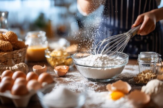 mixing bowl with whisk, eggs cracked, sugar and flour around