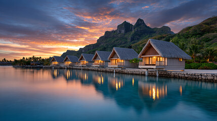 Fototapeta premium Serene Overwater Bungalows at Sunset Luxurious Tropical Escape with Mountain View