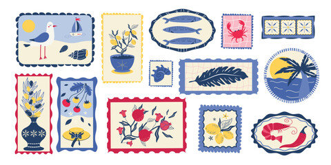 Set of tropical summer postage stamps. Vintage beach stickers in Italian style. Hand-drawn sailboat, sea, beach, olive, lemon, and tomato branches. Vector fashion illustration.