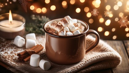 hot chocolate with marshmallows in cozy winter setting