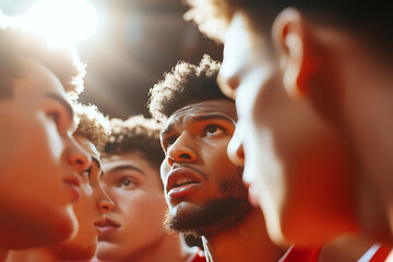 Close-up of basketball team looking determined and focused during a timeout. The warm light creates a sense of unity and anticipation.