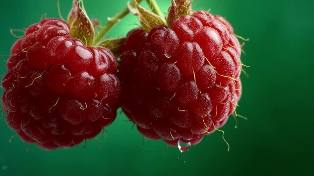 4K Fresh Red Raspberries Close-Up | Macro Shot of Juicy Raspberry Fruits with Green Background | Healthy Food and Organic 