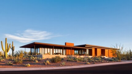 Obraz premium Modern desert house with large windows surrounded by cacti and arid landscape under blue sky