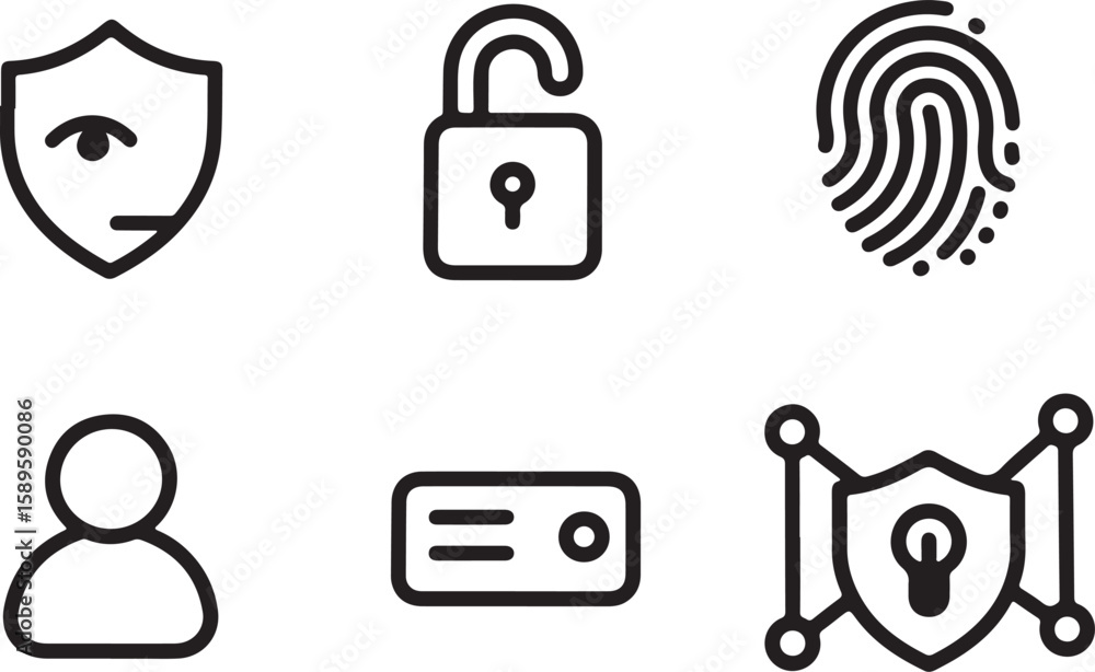 Poster collection of security and privacy icons including fingerprint shield and lock
