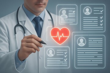 Doctor interacting with digital health records and heart monitoring interface