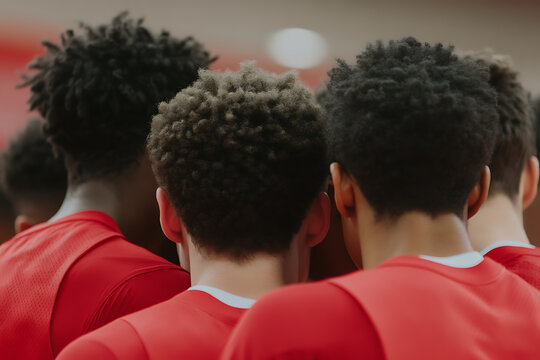 Team huddle: athletes wearing red jerseys gather closely, showing unity and focus before the game. Back view with curly hair and team spirit.