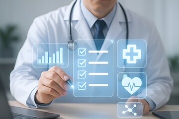 Doctor interacting with futuristic medical technology interface displaying health data and icons