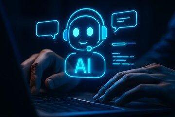 Hands typing on a laptop with a glowing ai chatbot interface and speech bubbles