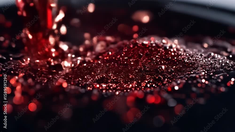 Poster dynamic drops of red glitter in black oil or ink diffusing through liquid, creating an abstract aqua