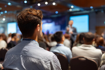 Attentive young man listening to a speaker during a conference or seminar in a modern event hall