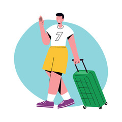 Vector illustration of a young smilling man walking with a suitcase. Modern flat perfect for tavel ads, tourism banners, and holiday-themed projects