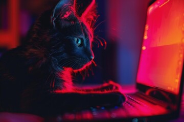 Black cat using laptop keyboard illuminated by red and blue neon light, creating a futuristic and cyberpunk aesthetic