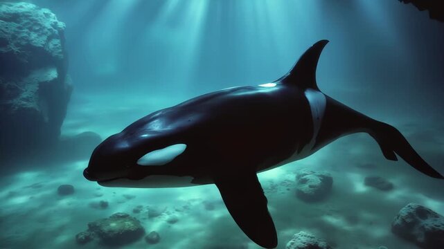 A majestic killer whale gracefully swims through the water, captured in slow motion