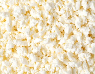 Close up macro shot of raw milk cheese revealing its crumbly texture against clean white background