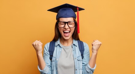 An excited graduate in a cap, gown, and backpack shouts with joy, clenching her fists in triumph against an orange background