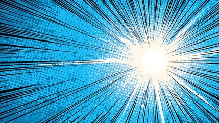 Blue comic book background with radial speed lines and a bright central flash effect.
