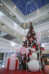Huge Christmas treeand and snowman in a shopping center/