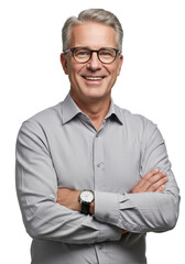 A confident caucasian man, 45-55, short salt-and-pepper hair, black-framed glasses, grey button-up shirt, silver watch, arms crossed, wide smile, direct gaze, against a transparent studio background