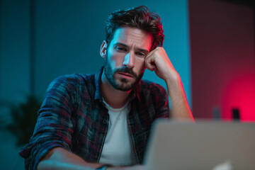 Young man looking worried and stressed while working on a laptop in a moody low-light environment