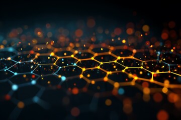 Abstract science background of a glowing hexagonal molecular network structure.