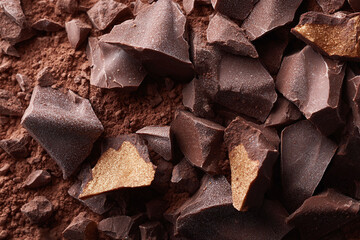 Delicious dark chocolate chunks and cocoa powder closeup. Perfect for showcasing indulgence, confection, desserts, or gourmet baking. Sweet temptation concept.