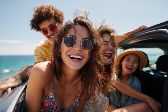 Group of happy friends enjoying a sunny beach road trip with laughter and smiles on a bright summer day