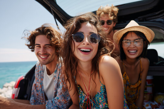 Happy group of young friends enjoying a sunny day at the beach with smiles and laughter by the car trunk