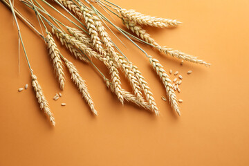 Many wheat spikes and seeds on golden background, flat lay