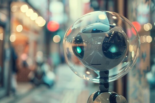 Small robot with protective glass dome exploring futuristic city, lights reflecting on its surface, blurred background