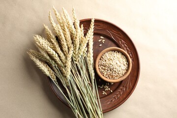 Many wheat spikes and seeds on paper background, top view