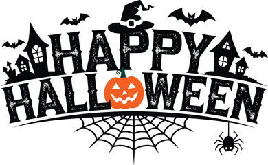 Happy Halloween typography with Pumpkin, Bats, Spider Web, vector illustration
