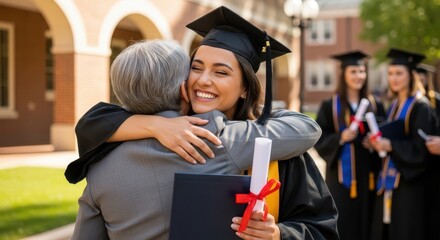 A happy graduate in a cap and gown hugs a parent, holding a diploma on graduation day
