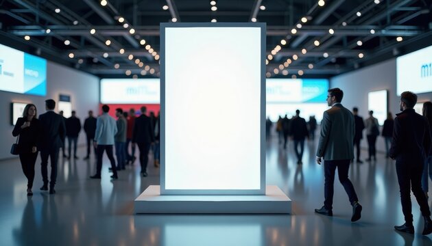 People walking in modern exhibition hall with empty display panel  