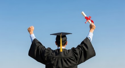 A graduate in a cap and gown triumphantly raises a diploma towards the blue sky, celebrating their academic achievement